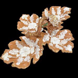 Vintage 1950s Capodimonte Italy Divided Platter Brown, Gold & White Leaves Rose